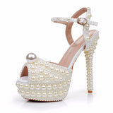 14 Cm High-Heeled Sandals Rice Pearl Fish Mouth High Heel Sandals Fine Heel Waterproof Table Bridal Wedding Dress Sandals HZ0115