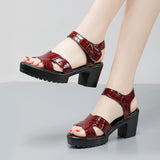 Painted Leather High Heel Waterproof Sandals Women Fashion Crocodile Pattern Walking Shoes Summer Coarse Heel Magic Sticky H Women's Shoes HZ0115