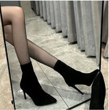 Temperament Velvet Autumn And Winter Elastic High And Short Boots Women Thin Skin Boots French Elegant Fine And Light Luxury New Tip HZ0115