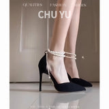 2025 Fairy Wind And Black Beautiful Pearl Strap High Heels Sexy Shallow Velvet Single Shoes HZ0115