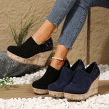 Large-Size Slope Heel Single Shoe Women's Spring New Suede Leather Splicing Round Head HZ0115