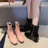 2025 Winter New Korean Version Of High-Heeled Thin Boots Fashion Short Boots Women's Large Size Shoes Bright Leather Side Zipper Coarse HZ0115