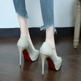 Sexy Sharp Temperament Ultra-High Heel Shoes Waterproof Table Fine Heel Night Shop Patent Leather Single Shoes Women Spring And Autumn Pink 12Cm Shallow Mouth HZ0115