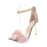 2025 New Summer Temperament High Heels Women Metal Chain Decoration With Fine Heel Fashion Fur Sandals HZ0115