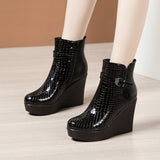 Painted Slope And Short Boots Women Thick-Bottom Waterproof Leather Boots Light And Slip Single Boots Autumn And Winter Side Zipper Plus Velvet Martin Boots HZ0115