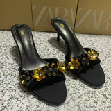 ZA Home 2025 New Cow Skin Flowers Exposed Toe And Cool Slippers Outside Wearing High Heels Sandals Women HZ0115