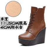 Round Head 12Cm High Slope And Waterproof Table Mid-Sleevel Boots With Side Zipper Women's Boots Pine Cake Plus Velvet Winter Warm Leather Boots HZ0115