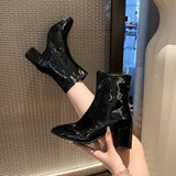 2025 Winter New Korean Version Of High-Heeled Thin Boots Fashion Short Boots Women's Large Size Shoes Bright Leather Side Zipper Coarse HZ0115