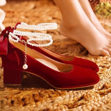 Mary Jane Shoes 2025 New French Pearl Chain Bow High Heels Round Head Thick And Shallow Single Shoes HZ0115