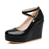 10 Cm Fashion Thick Bottom Slope Single Shoe Round Head Height Waterproof Slope Heel Buckle Heel Women's Shoes HZ0115
