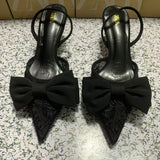 ZA Home 2025 New Women's Shoes Low Heel High Heels High-Heeled Shoes Back Mouth Studded Single Shoes Black Bow HZ0115