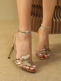 Women's High-Heeled Butterfly Decorative Water Drill With Cross Ankle With Square Head Fine High Heel Sandals HZ0115