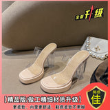2025 Women's Summer New Wearing Transparent Word With High-Heeled Slippers Waterproof Table Crystal Thick Tape Large-Size Sandals HZ0115