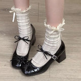 College Wind Square Shallow Bow Bow Small Leather Shoes Women's Net Red Explosive Fashion Temperament Trend Coarse Heel Increase Single Shoes HZ0115