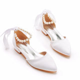2 Cm Flat Tip Hollow Sandals Low Heel White Ribbon Wedding Shoes HZ0115