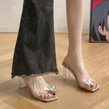 Sandals Women Transparent High Heels 2025 Summer New Square Head Coarse Heel Wearing Bows Toe Crystal And Cool Slippers HZ0115