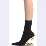 New Metal High-Heeling Hollow Tusk Giant Tooth Tiger Tooth Alien And Knitted Elastic Short Boots Socks Women's Boots HZ0115