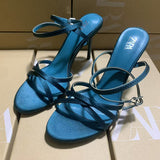 ZA Home 2025 New French High-Heeled Women's Shoes Tip With Cross-Clasp Fashion Dew Sandals Female Peacock Green HZ0115
