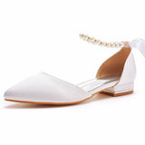 2 Cm Flat Tip Hollow Sandals Low Heel White Ribbon Wedding Shoes HZ0115