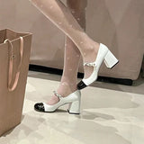 2025 New Round Head High Heel Single Shoes JK Sweet Mary Treasure Shoes Coarse Heel Pearl Buckle Large Size Women's Shoes HZ0115