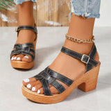 New Sandals Women 2025 Summer High Heels Leaky Toe Coarse-Character Buckle Tape Large-Size Sandals HZ0115