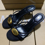 ZAJ2025 Spring New Women's Shoes Black Metal Details Decorating Round Head Fine High Heel Elegant Fashion Sandals HZ0115