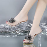 Water Drill Bow One-Word Slippers Women Summer Sexy Crystal And High-Heeched Cool Slippers Transparent Drag HZ0115