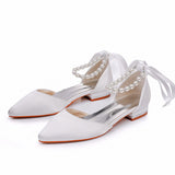 2 Cm Flat Tip Hollow Sandals Low Heel White Ribbon Wedding Dress Shoes HZ0115