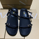 ZAJ2025 Autumn New Square Head Silk And Satin Fabric With A Shallow Flat Bottom Casual Buckle Roman Cool Slippers HZ0115