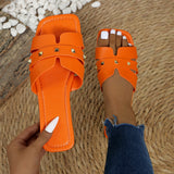 Southeast Asian Women Solid Color Large-Size Rivet Slippers Casual Side Toe Flat Summer Light Beach Shoes HZ0115