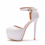 14 Cm Waterproof Table High Heels Fine Round Head High Heel Sandals White High Heel Wedding Shoes Large Women's Shoes HZ0115