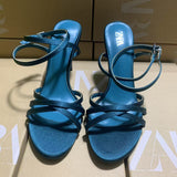 ZA Home 2025 New French High-Heeled Women's Shoes Tip With Cross-Clasp Fashion Dew Sandals Female Peacock Green HZ0115