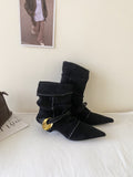 Hand-Stling Metal Buckle Coarse And Pointed Velvet Short Boots HZ0115