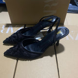 ZAJ2025 Autumn New Stumbling Temperament Fine Heel Shoes Tip Embroidery Bead Mesh Sandals HZ0115