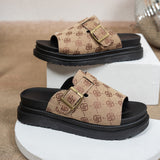 Large-Size Flat-Bottomed Slippers Women 2025 New High-End Thick-Sleet Foot Belt Buckle Type Roman Slippers HZ0115