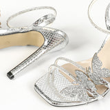 Women's High-Heeled Butterfly Decorative Water Drill With Cross Ankle With Square Head Fine High Heel Sandals HZ0115