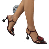 Ladies Three-Dimensional Lace Flower Tip-Shaped Heel Sandals Party Wine Red High Heels HZ0115