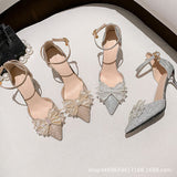 Sandals Women's Summer 2025 New Baotou Hollow Bow High Heels Fairy Pointed Shoes Princess Wind Dress Shoes HZ0115