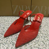 ZA Home 2025 New Pointed Shoes Slippers And Women's Fine With 2025 Summer New Hollow Mesh Yarn Half Drag Woman HZ0115