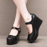 Painted Leather Stone Slope Heel Single Shoe Round Head Light Mouth Work Shoes Thick-Soled Waterproof Table Model Show High Heels Women HZ0115