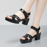 Painted Leather High Heel Waterproof Sandals Women Fashion Crocodile Pattern Walking Shoes Summer Coarse Heel Magic Sticky H Women's Shoes HZ0115