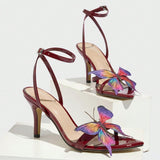 Lady Butterfly Decoration Crossover After The Belt Side Toe Fine With Wine Red Sandals Woman HZ0115
