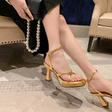 New Summer 2025 Sandals Female Dew Gold Buckle With Silver French Sexy Coarse And High-Heal HZ0115