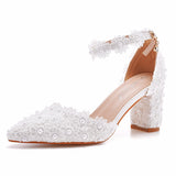 10 Cm White Lace Tip Coarse Sandals Wedding Dress Shoes Spring And Autumn Coarse Tips Sandals White Wedding Shoes HZ0115