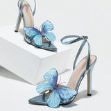 Sharp-Headed Three-Dimensional Butterfly Fine High Heel Sandals Women's Shoes Blue High Heels Source HZ0115