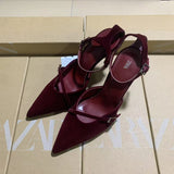 ZA2025 Spring New Women's Shoes Red Velvet Head Light-High Muller Shoes Buckle Fine Women's Shoes HZ0115
