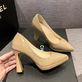 2025 New Waterproof Table High Heels Shallow Bright Leather Ultra-High Heel 10CM Business Straight Pointed Women's Shoes Single Shoes HZ0115
