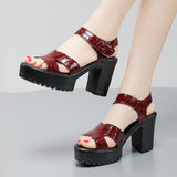 Painted Leather High Heel Waterproof Sandals Women Fashion Crocodile Pattern Walking Shoes Summer Coarse Heel Magic Sticky H Women's Shoes HZ0115