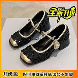 Mary Jane French Fragrant High Heels 2025 Spring New Lequin Evening Wind Single Shoes Fashion Leather Shoes HZ0115