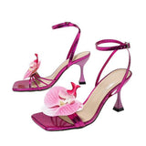 Women's Head Three-Dimensional Flowers Cross Ankle With Fine High-Heeled Sandals Pink High Heels For Special Supplies HZ0115